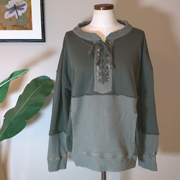 Buckle Tops - BKE Buckle Waffle Knit Lace Up Thermal Pullover, Olive Army Green, Women’s Large